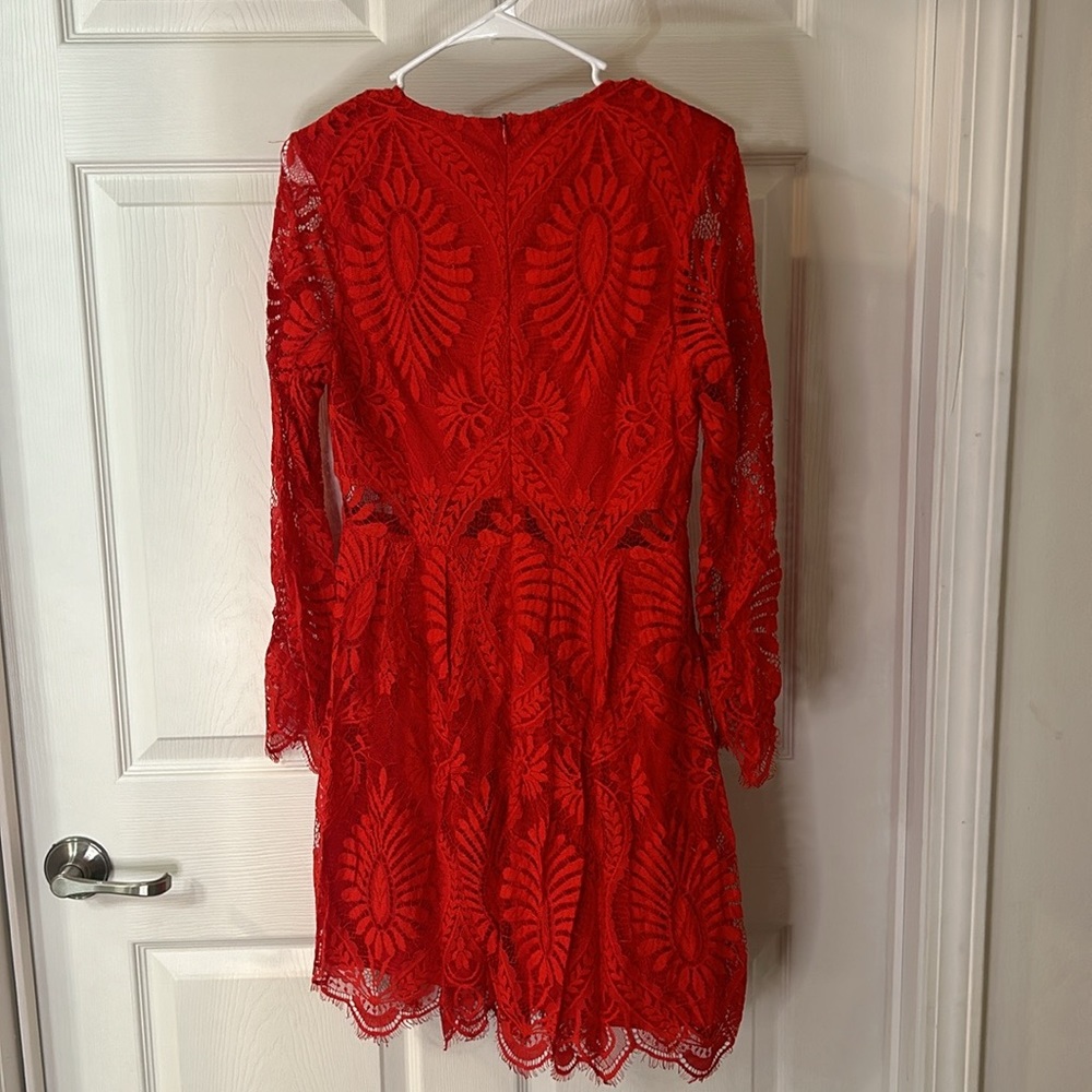 Red Lace Long-Sleeve Fit & Flare Dress